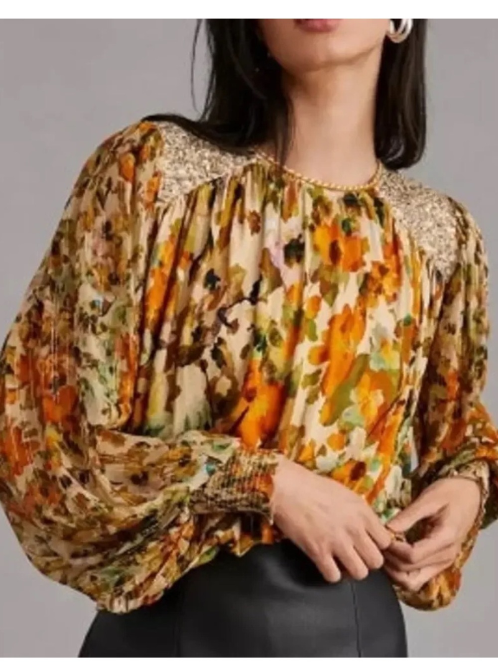Anthropologie Smocked Yoke Balloon Sleeve Blouse in Autumn Floral BNWT